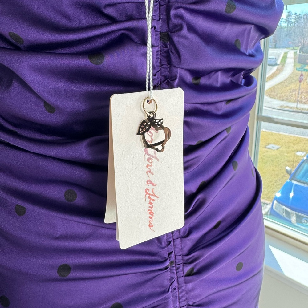 NWT: For Love & Lemons "Paula" Ruched Bodycon Dress, Satin/Royal Purple - Picture 6 of 9